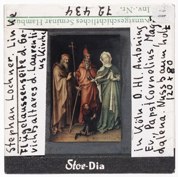 preview Stephan Lochner: Gerichtsaltar aus der Laurentiuskirche in Köln, linker Flügel außen, Hl. Antonius, Papst Cornelius, Maria Magdalena 